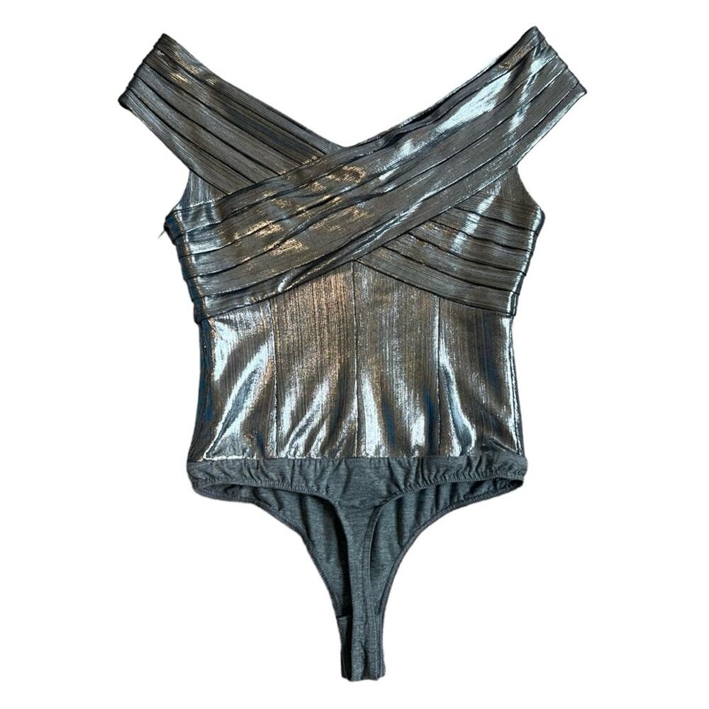 Retrofete Rowan Women’s Pleated Silver Chrome Off The Shoulder Bodysuit Size XS - Picture 7 of 14